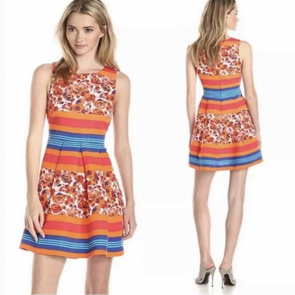 Tracy Reese Stripe Floral Flare Skater Dress XS - Anthropologie